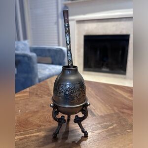 ANTIQUE RARE ARGENTINE GAUCHO MATE AND BOMBILLA DRINKING STRAW MAT ALPACCA